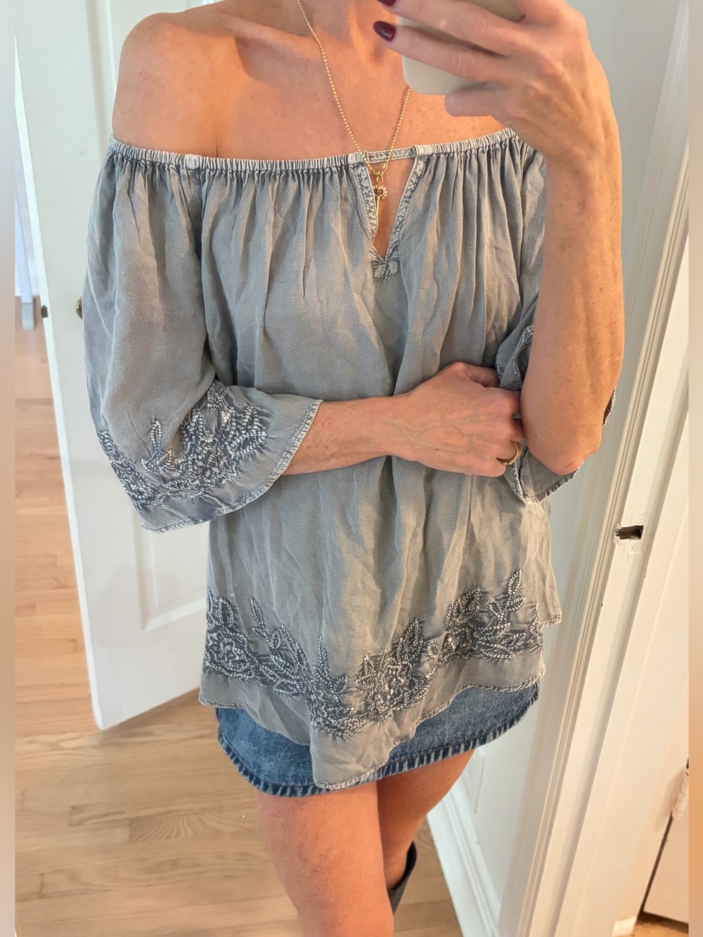 American Vintage Gray Off-Shoulder Embroidered Tunic